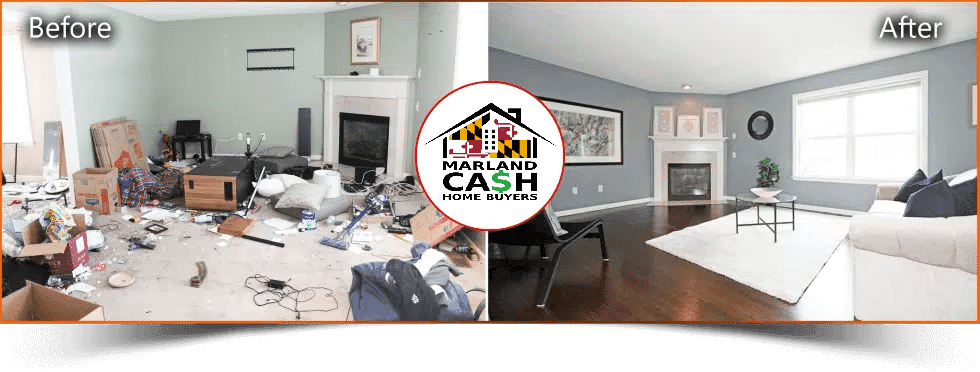 a collage of a living room, we buy houses maryland