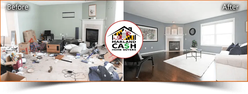a collage of a living room, we buy houses maryland