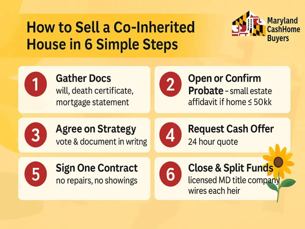 Infographic outlining the 6 simple steps for Maryland heirs to sell a co-inherited house, starting with gathering documents and ending with splitting the funds.