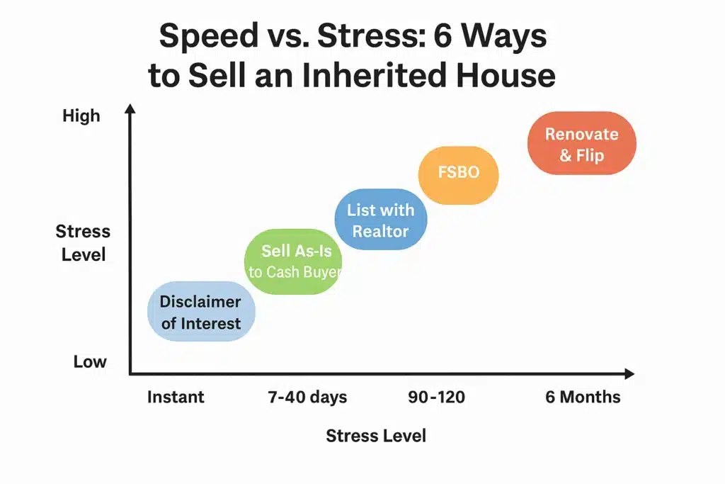 Horizontal bar chart comparing cash sale vs listing a house in Maryland by time, costs, and seller effort