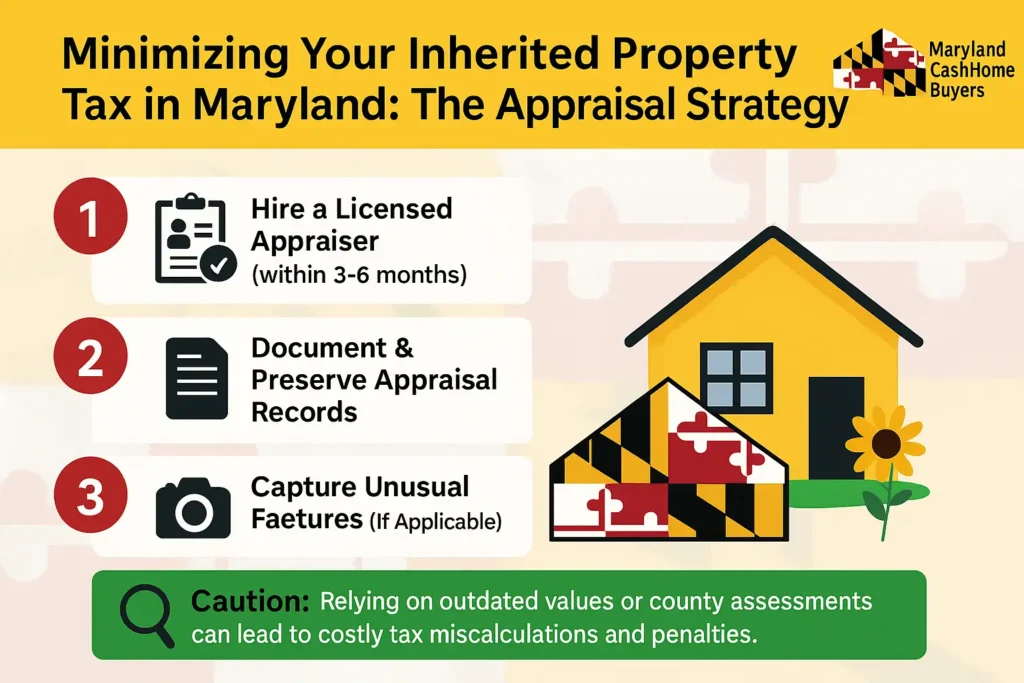 Infographic titled “Minimizing Your Inherited Property Tax in Maryland: The Appraisal Strategy,” showing three numbered steps—hire a licensed appraiser, preserve appraisal records, and capture unusual features—plus a caution about outdated values, all branded with the Maryland Cash Home Buyers logo and Maryland flag accents.